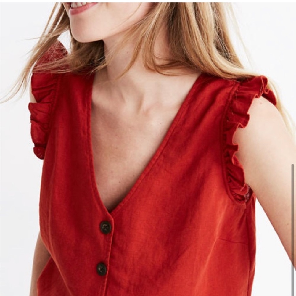 Madewell Linen-Blend Ruffle Button-Front Tank - Red